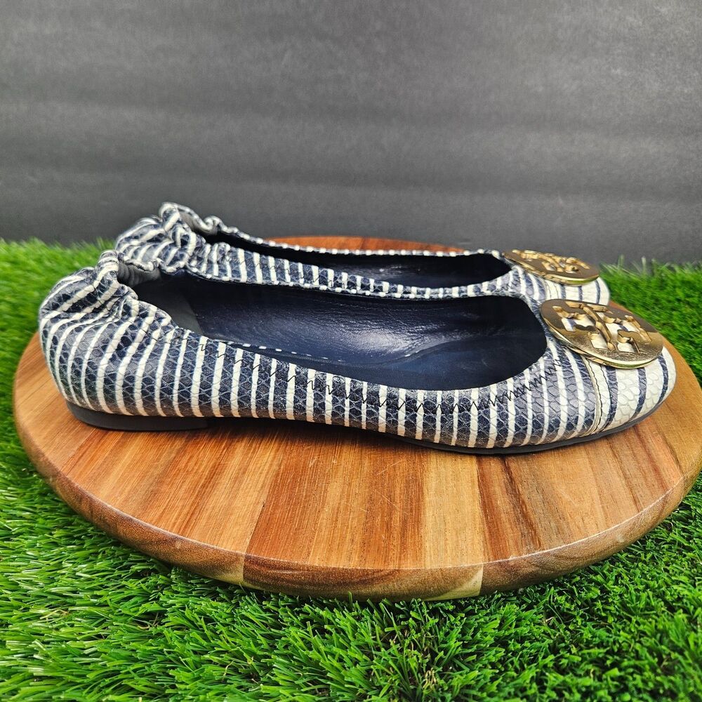 Tory Burch Ballet Flats Snakeskin Embossed Striped Blue Leather Gold Logo 9.5 M